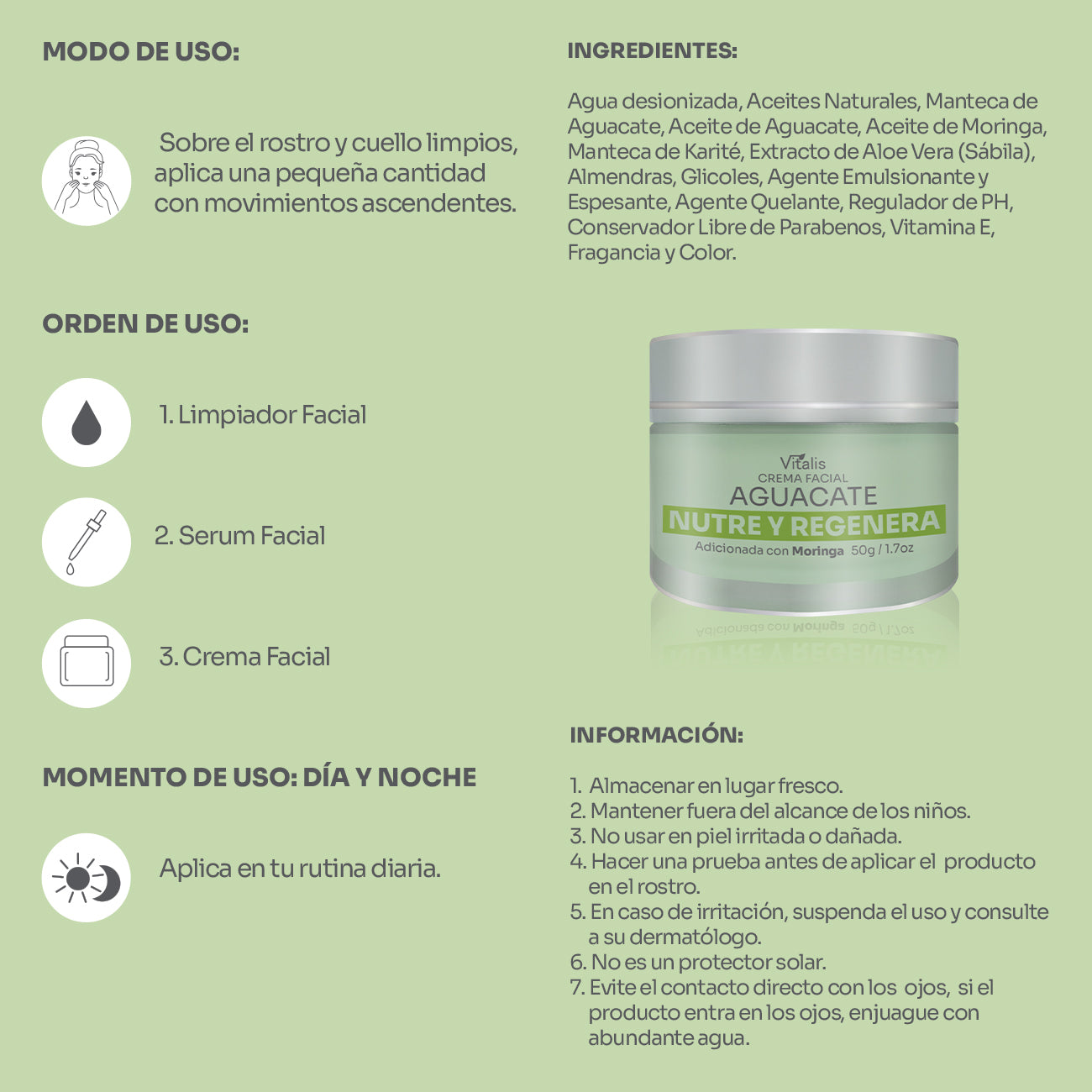Crema Facial Vitalis Aguacate y Moringa Hidratación y Antioxidantes